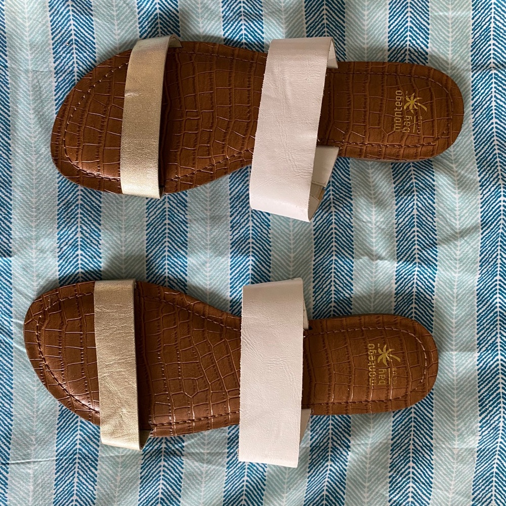 Brand new sandals, gold white brown, size 8